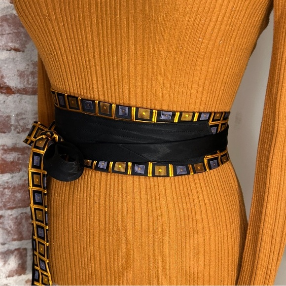 Gold Squares Hand Crafted Obi belt upcycled silk ties cummerbund Cinch OS - Picture 4 of 16